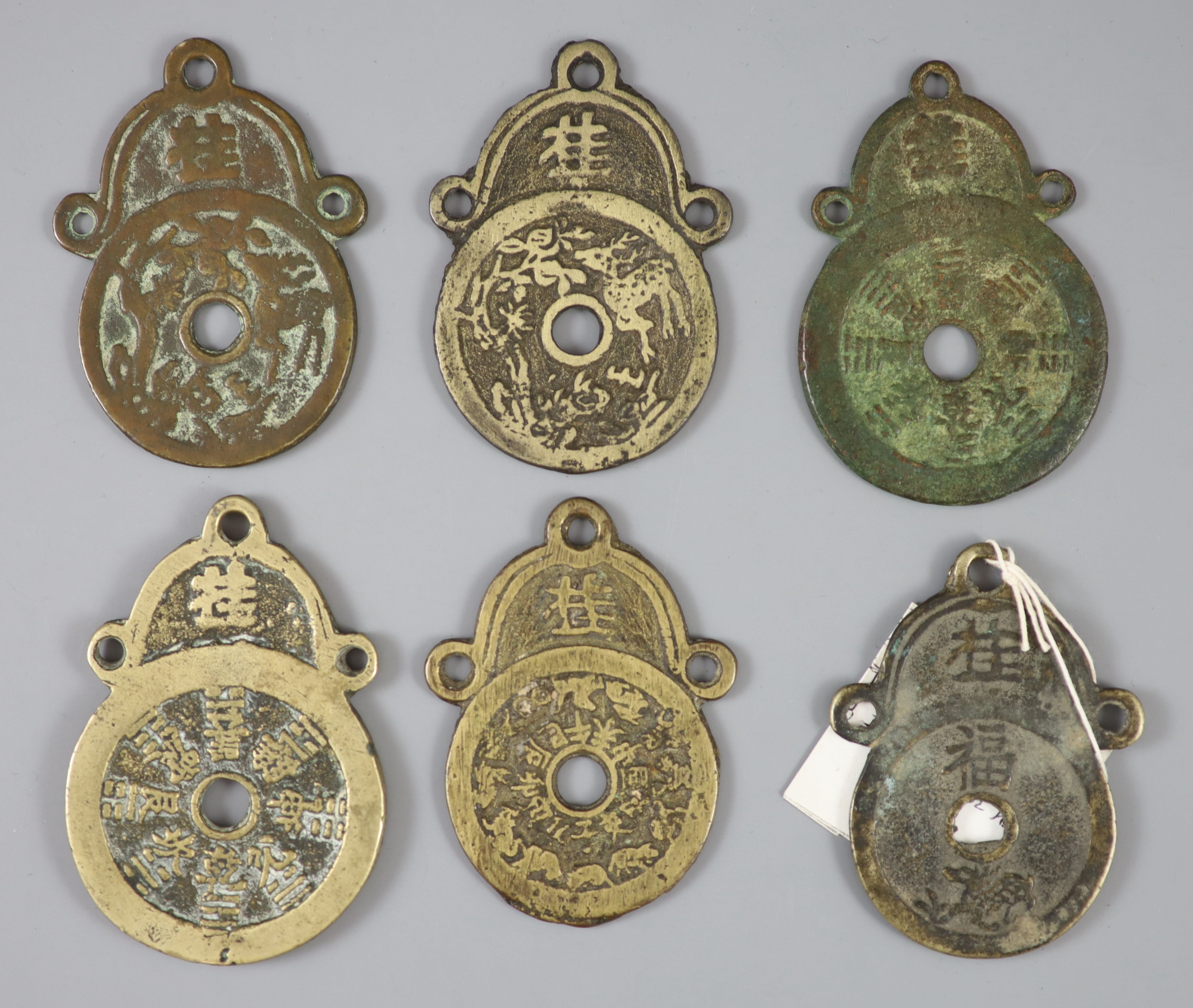 China, 6 large bronze gua pendant charms or amulets, Qing dynasty,